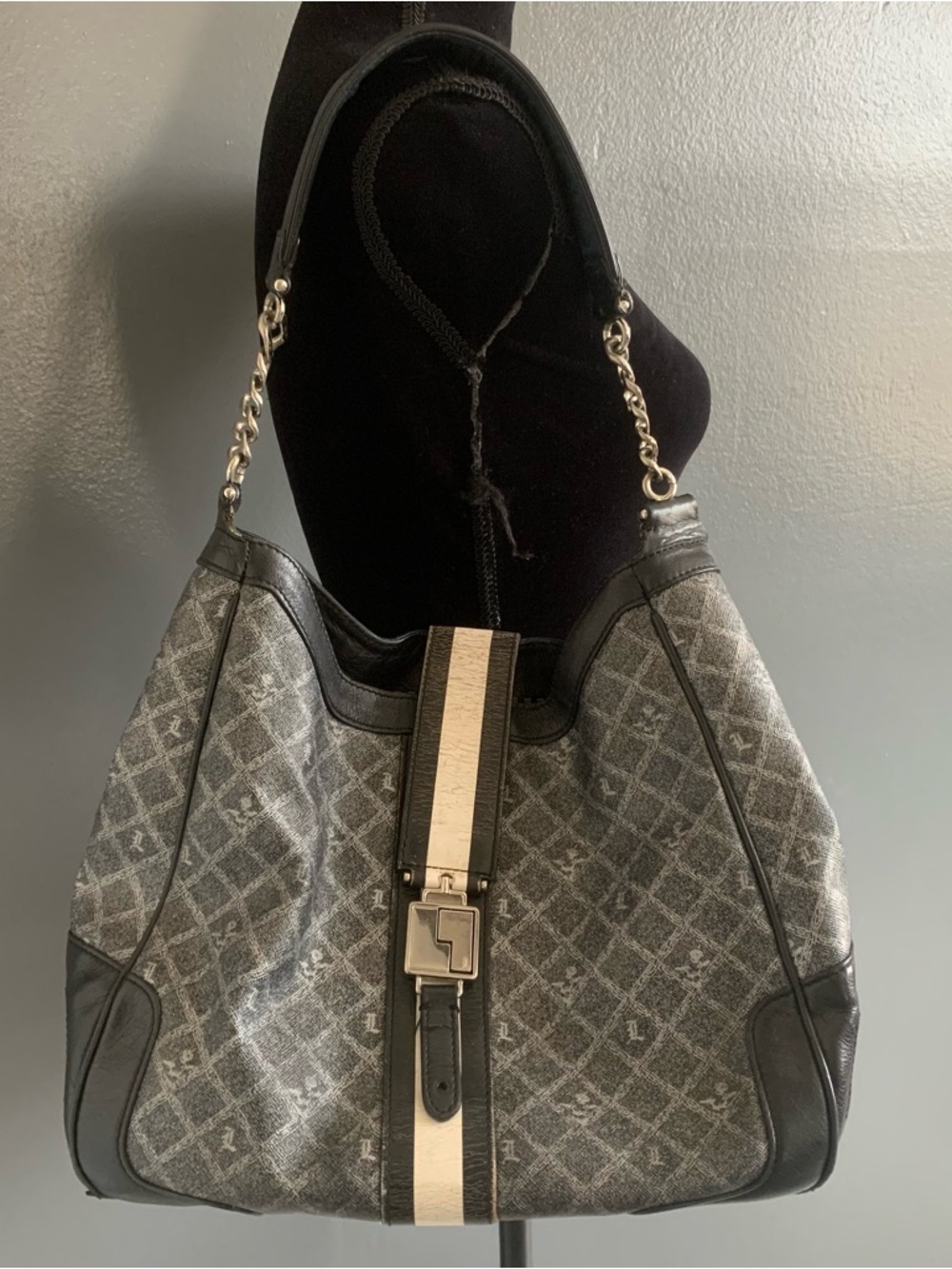 L.A.M.B. Gray Patterned Shoulder Bag with Black Trim and Cream Stripe